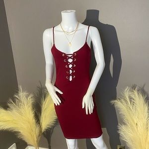 Windsor Burgundy Bodycon Midi Dress with Lace-Up Front
